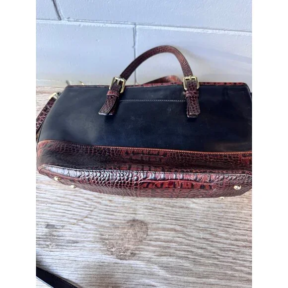 Brahmin Leather Satchel Shoulder Crossbody Bag Black Brown Croc Embossed Zip Top - Picture 4 of 9